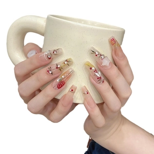 Handmade cherry long trapezoid press-on nails with 3D stars and glitter accents