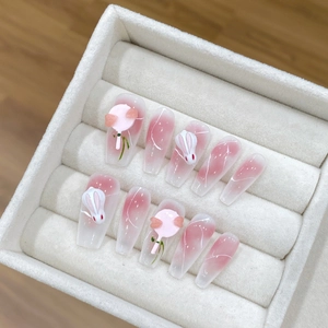Handmade coffin press-on nails with 3D rabbit design and pink marble gradient effect