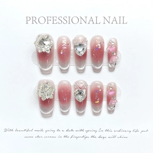 Handmade Press On Nails Cat Eye Fermented Plum Pink Silver Gradient Heart Star Rhinestone 3D Mid Long Ballerina Fake Nails