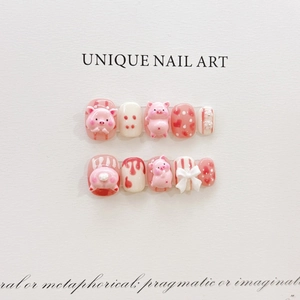 Handmade 3D cartoon pig press-on nail kit with pink heart and 3D floral details