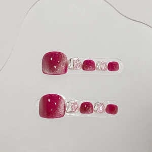 Handmade cat-eye purple press-on toenails with sparkling glitter and shell fragments