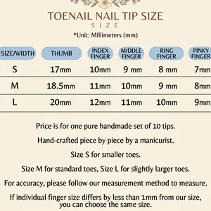 Handmade green press-on toenail set size chart with detailed S, M, L measurements