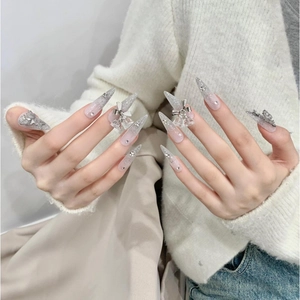 Handmade Gradient Gray Shimmer Butterfly Press On Nails For Women Elegant Stiletto Fake Nails With Rhinestone Decoration