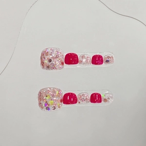 Handmade magenta and glitter purple press-on toenails set with shimmering finish