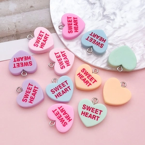 Colorful macaron heart resin pendants with Sweet Heart print and metal rings