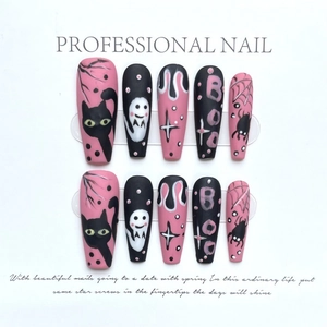 Halloween Press On Nails Long Coffin Pink Black Matte False Nails With Ghost Spider Web Pattern BOO Letter Decorative Nails