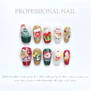 Handmade 3D Christmas Santa Claus Press On Nails Reusable Rhinestone Artificial Pearl Embellished Coffin False Nails For Women Holiday Beauty