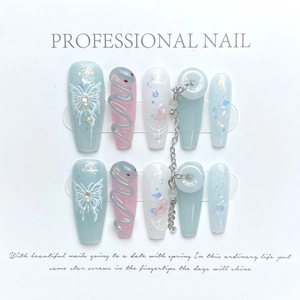 Handmade Press On Nails New Chinese Style 3D Relief Snake Metal Chain Butterfly Pattern Long Coffin Nails For Women