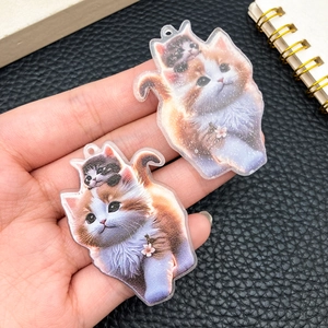 Detalle de colgantes de gato en acrílico con acabado brillante e impresión de alta calidad
