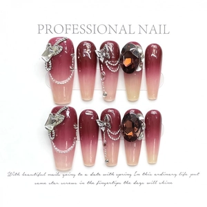 Handmade Luxury Press On Nails Wine Red Gradient Long Coffin Shape With Butterfly Gemstone Rhinestones For Women Daily Party Jewelry
