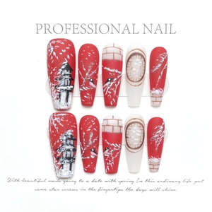 Chinese Style Winter Snow Red White Press On Nails Long Coffin Hand Painted Plum Blossom Bird Elegant Fake Nails Kit Women