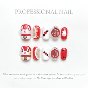 Handmade Chinese Style Press On Nails Lucky Cat Red White Gold Auspicious New Year Festive Resin Short Fake Nails For Women Jewelry
