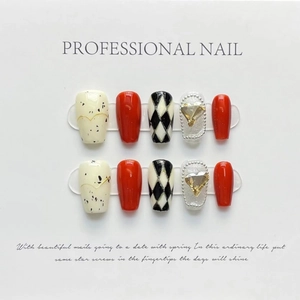 Handmade press-on nails with red diamond accents and monochrome checkered patterns