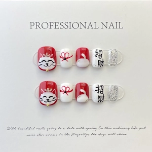 Unghie Finte Corte Tonde Fatte a Mano Rosso Glitter Dipinte a Mano Maneki-neko Con Colla Bastoncino Lima Per Bellezza Donna