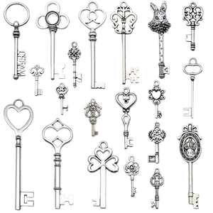 Set of 18 vintage antique silver alloy skeleton keys with heart and crown designs