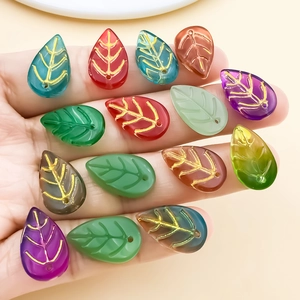 Multicolor glass leaf charms with gold veins for DIY jewelry making and hair sticks