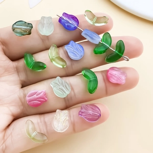 Colorful tulip and leaf glass beads for handmade jewelry making and hair accessories