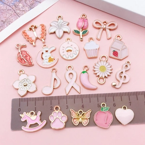 Cute pink enamel alloy pendant set with butterfly and heart charms for DIY jewelry making