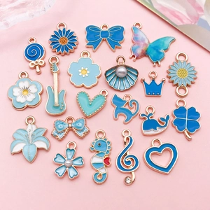 Blue bow and clover heart charms set for DIY alloy bracelets with gold edges