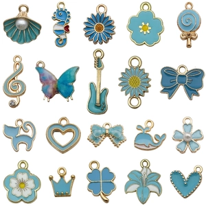 Sky blue and gold enamel alloy pendants in shell, seahorse, and flower shapes for DIY jewelry