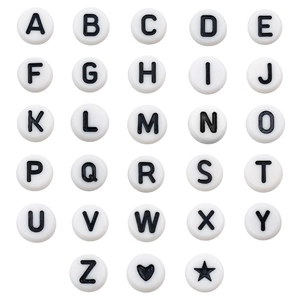 Set of 6mm white acrylic alphabet beads with black letters and symbols for DIY jewelry making
