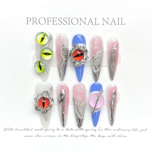 Evil Eye Handmade Press On Nails 3D Gothic Cyberpunk Dark Aesthetic Stiletto Long Fake Nails With Metal Chain For Women