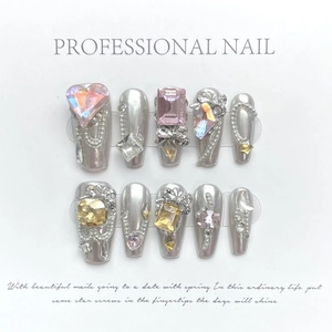 Handmade Silver Mirror Press On Nails Pink Heart Rhinestone Bow Pearl Chain Y2K Cool Girl Sweet Artificial Nail Art Set