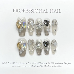 Handmade Coffin press on nails in sheer grey with 3D crystal hearts and pearls