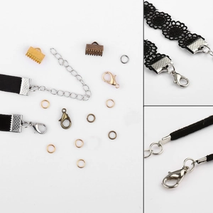 DIY jewelry kit with metal lobster clasps, open jump rings and ribbon crimps in varied colors