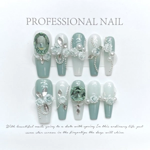 Handmade Press On Nails Green White Gradient Camellia Flower Zircon Artificial Pearl Decor Luxury New Chinese Style False Nails