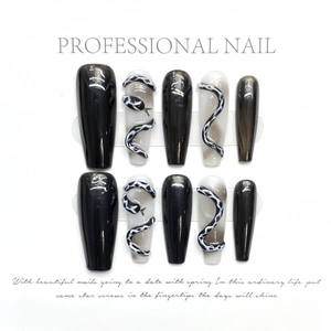 Handmade Black Press On Nails Snake Pattern 3D Gothic Coffin Nails Art Professional DIY Reusable False Nails For Women