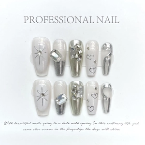 Handmade milky white press-on nails set with silver metallic hearts and crystal rhinestones