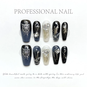 Handmade Luxury Butterfly Press-on Nails Gradient Dark Blue Black Coffin Shaped Rhinestone Metal Chain Elegant Fake Nails