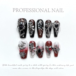 Gothic Handmade Press On Nails Black Red Gradient Lava Demon Design With 3D Alloy Skull Spider Heart Charms Punk False Nails