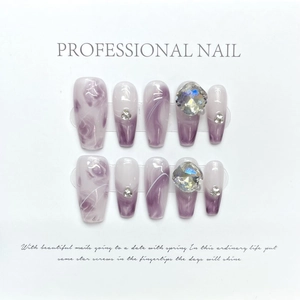 Handmade purple marble press-on nails with opal diamonds and gradient finish, 10pcs set