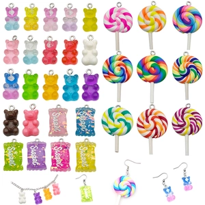 Cartoon Resin Bear Lollipop Candy Charms For DIY Jewelry Making Colorful Sweet Food Pendant Accessories With Metal Ring