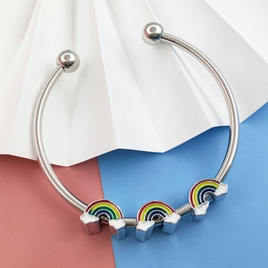 Silver open bangle bracelet with three colorful rainbow and cloud enamel charms