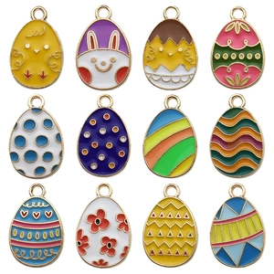 Set of 12 colorful enamel Easter egg pendants with cartoon bunny and chick patterns