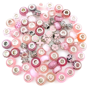 Pink theme glass and enamel large hole charm beads set for DIY jewelry bracelets