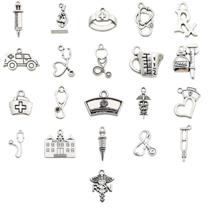 Breloques en Alliage d'Argent Antique Thème Médical pour Création de Bijoux DIY Stéthoscope Seringue Coiffe d'Infirmière Hôpital