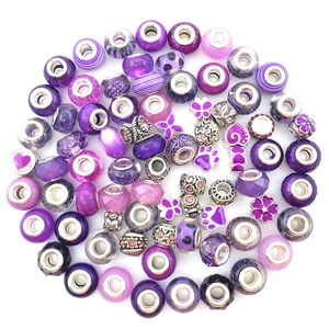 Purple DIY glass charm bead set with floral patterns and hearts for charm bracelets