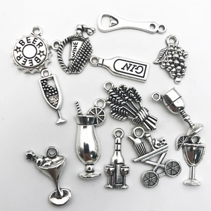 Detailed set of 12 vintage silver alloy wine charms with grape and bottle pendants