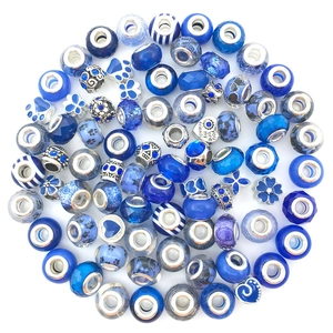 Blue glass beads and heart charms collection for DIY bracelet jewelry accessory set