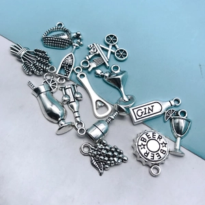 Detailed set of antique silver alloy wine glass, beer bottle and grape charms for DIY jewelry