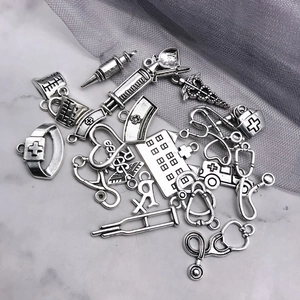 Set de dijes médicos de plata antigua que incluye estetoscopio para hacer joyas DIY