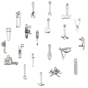 Set of 21 silver alloy mini tool charms including saw, wrench, and hammer for DIY jewelry