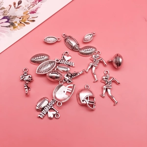 Silver zinc alloy American football charms with helmet and athlete pendants for DIY jewelry
