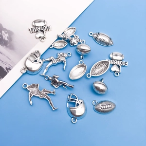 Silver American football alloy charms set including helmet and heart engraved pendants