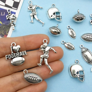 Antique silver American football charms set including helmets and I heart football pendants
