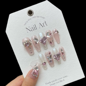 Faux Ongles à Presser Faits Main Rose Cœur Strass Y2K Poudre Miroir Luxe Perle Artificielle Nœud Set pour Femmes
